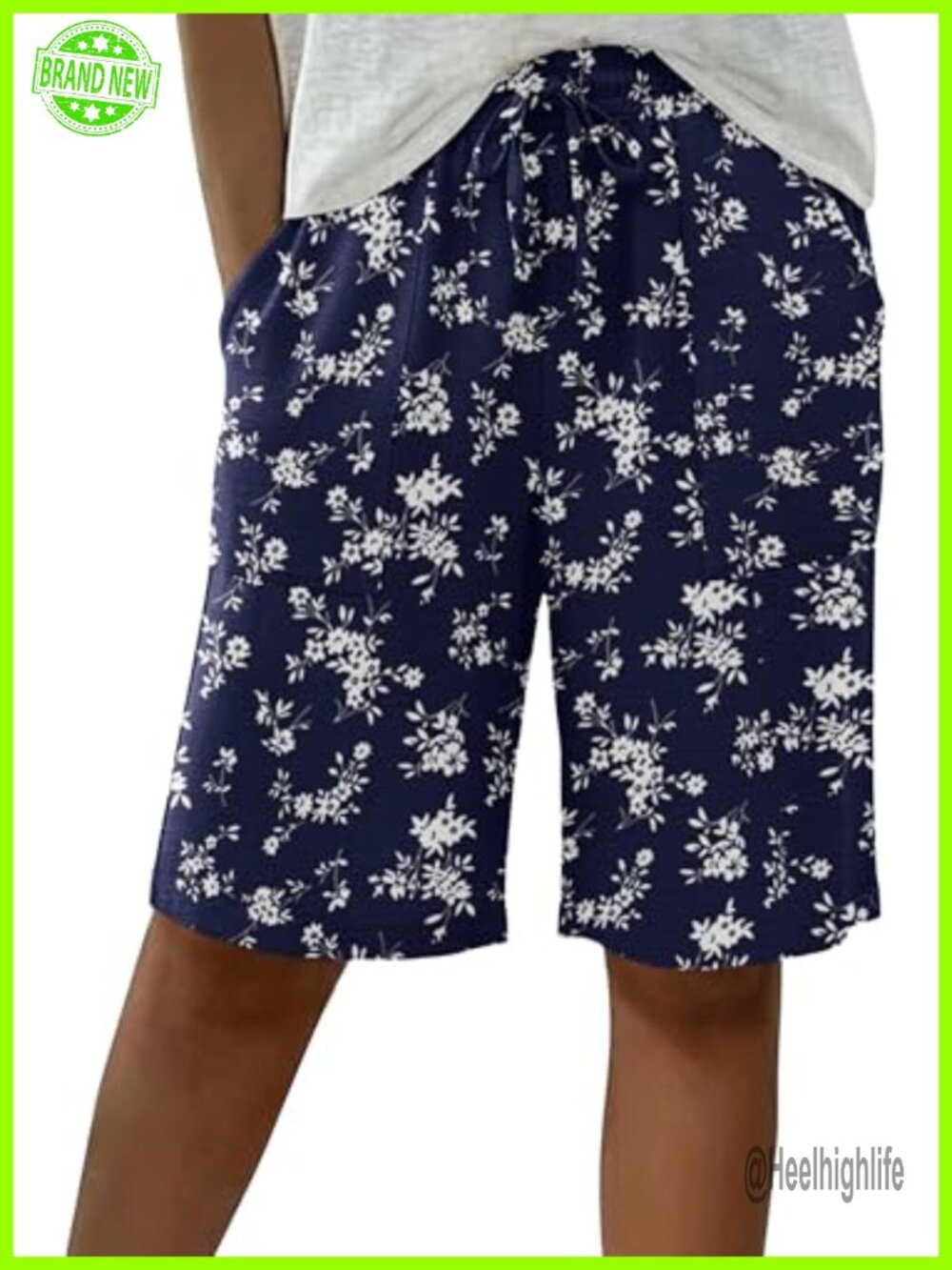 Bermuda Shorts Knee Length High Waisted Elastic Waist Wide Leg Summer Casual